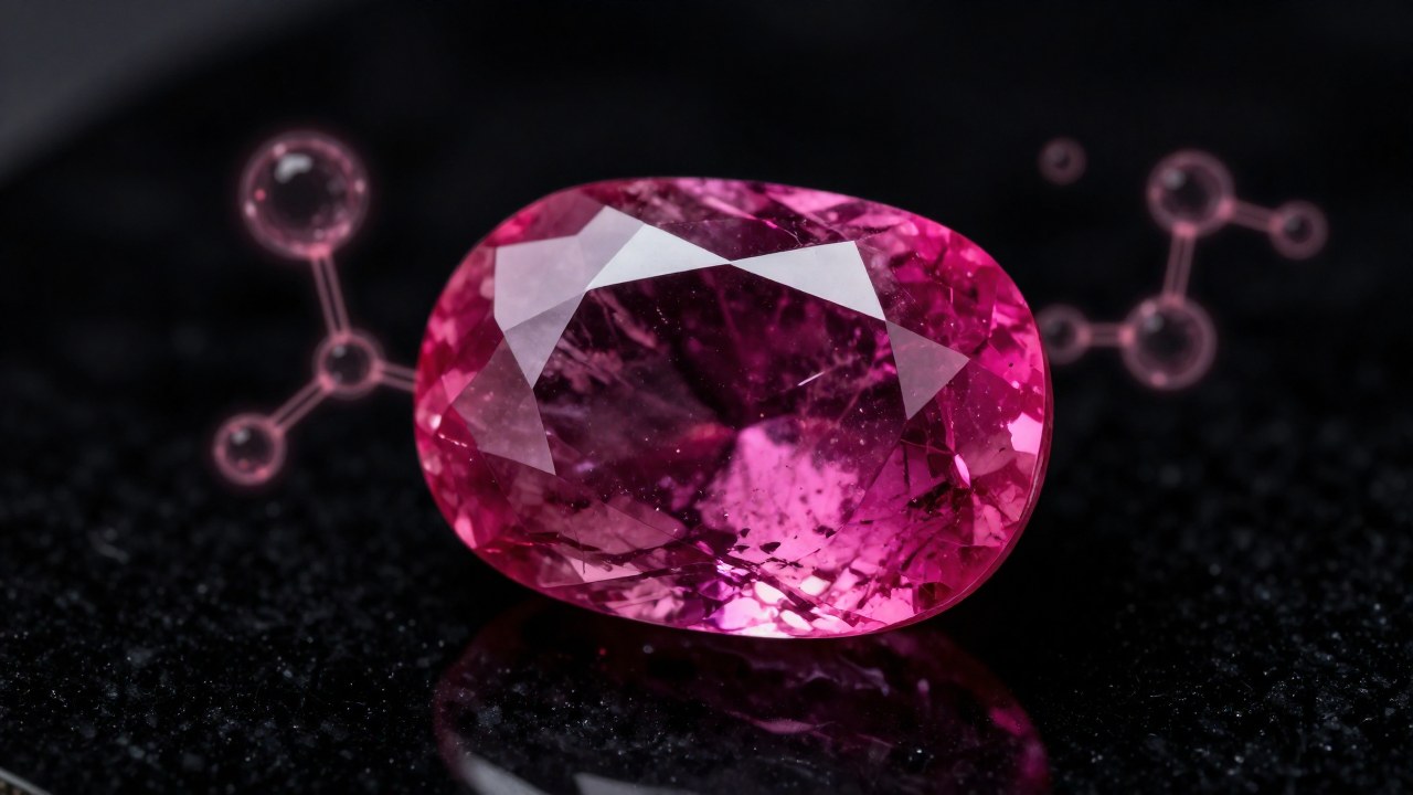 Cristal de rubí rosado y tosco sobre superficie de obsidiana oscura, mostrando su estructura interna.