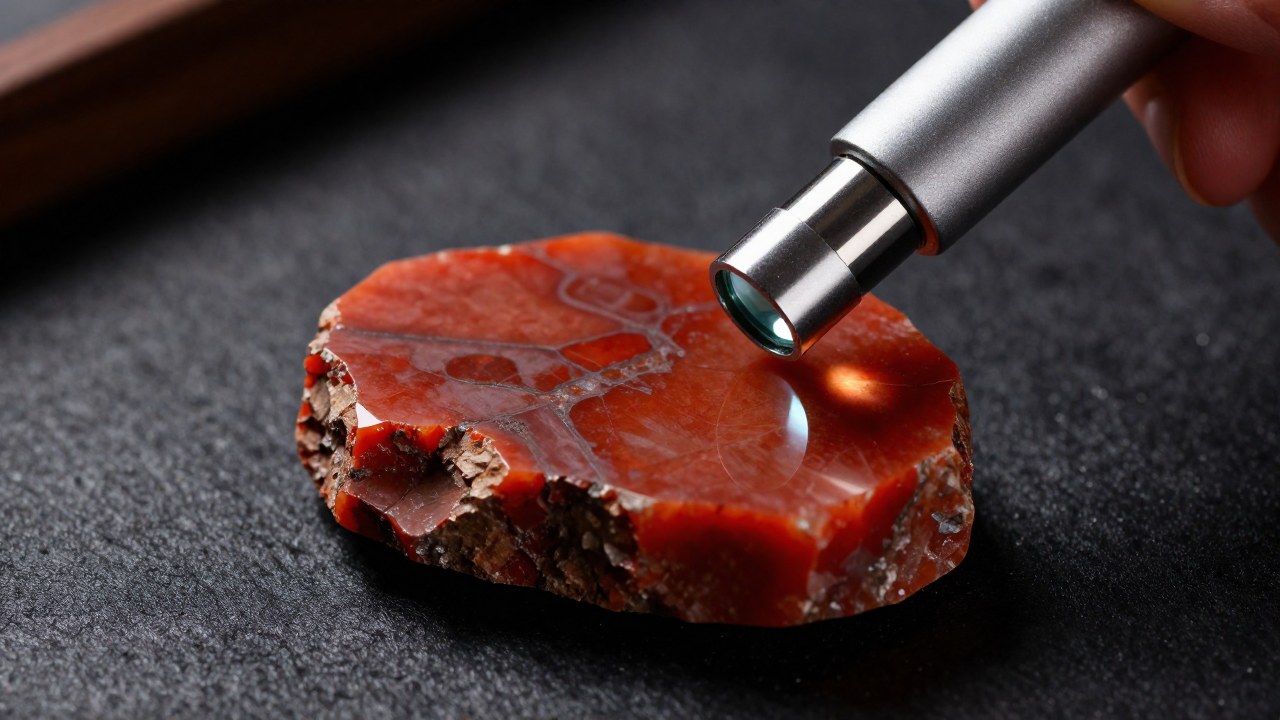 Inspección de una losa de jaspe rojo con una herramienta de prueba mineral para verificar su estructura.