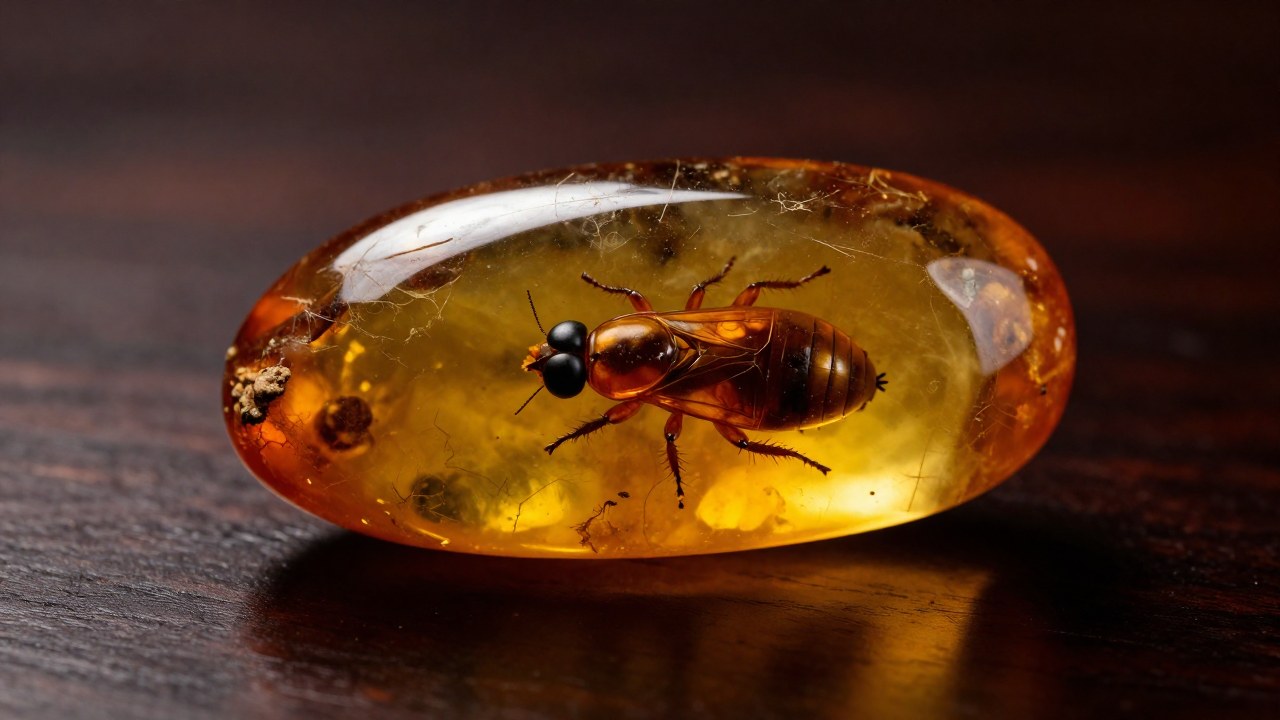 Pieza de ámbar dorado con un insecto preservado dentro, sobre una mesa oscura de madera.