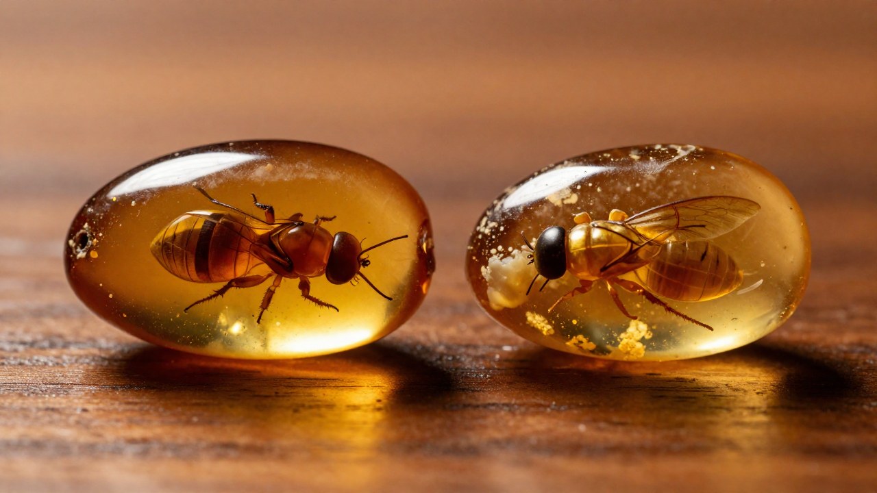 Comparación de un ámbar genuino con inclusión de insecto y su réplica sintética en resina.