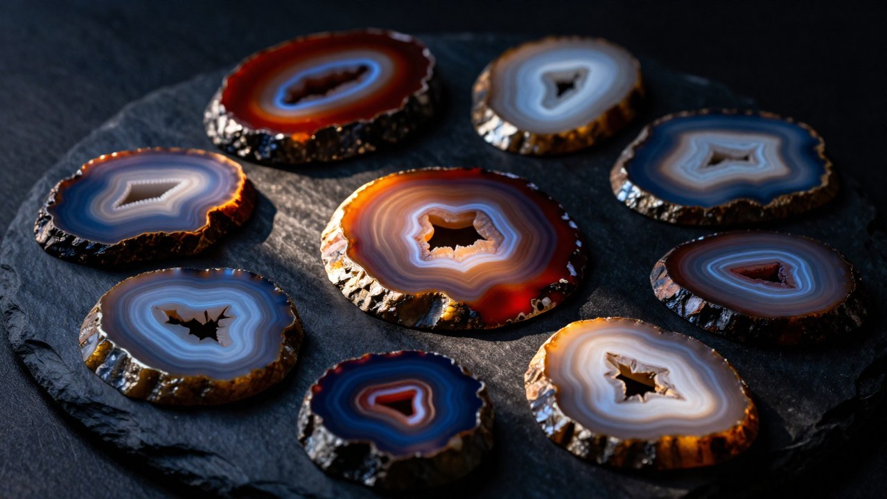 Arreglo de rodajas de ágata que muestran patrones concéntricos y colores minerales sobre una superficie oscura.