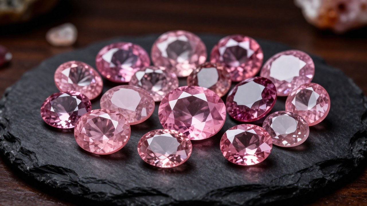 Selección de rubíes rosados impecables de distintos tonos dispuestos sobre una superficie oscura y pulida.