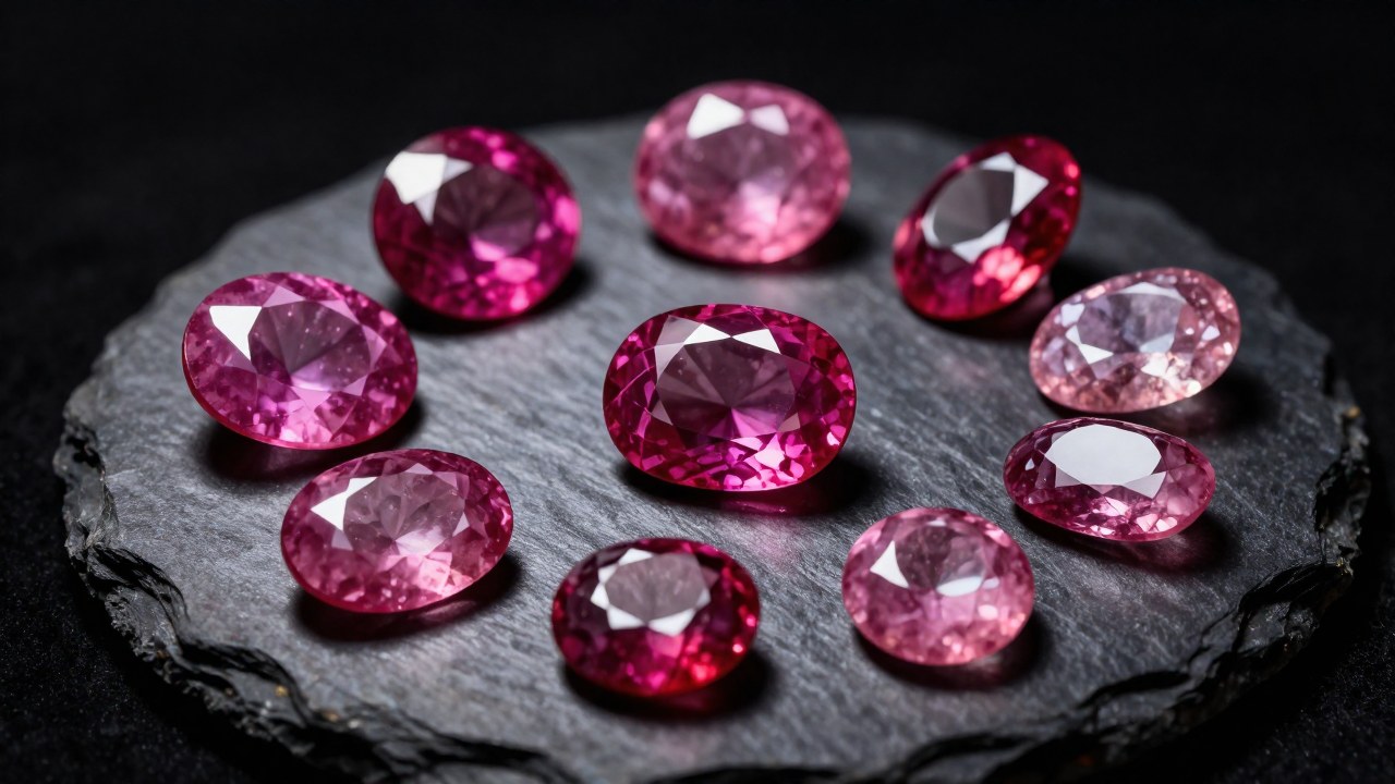 Colección de rubíes rosados de diferentes tipos, dispuestos meticulosamente sobre una superficie de pizarra oscura.