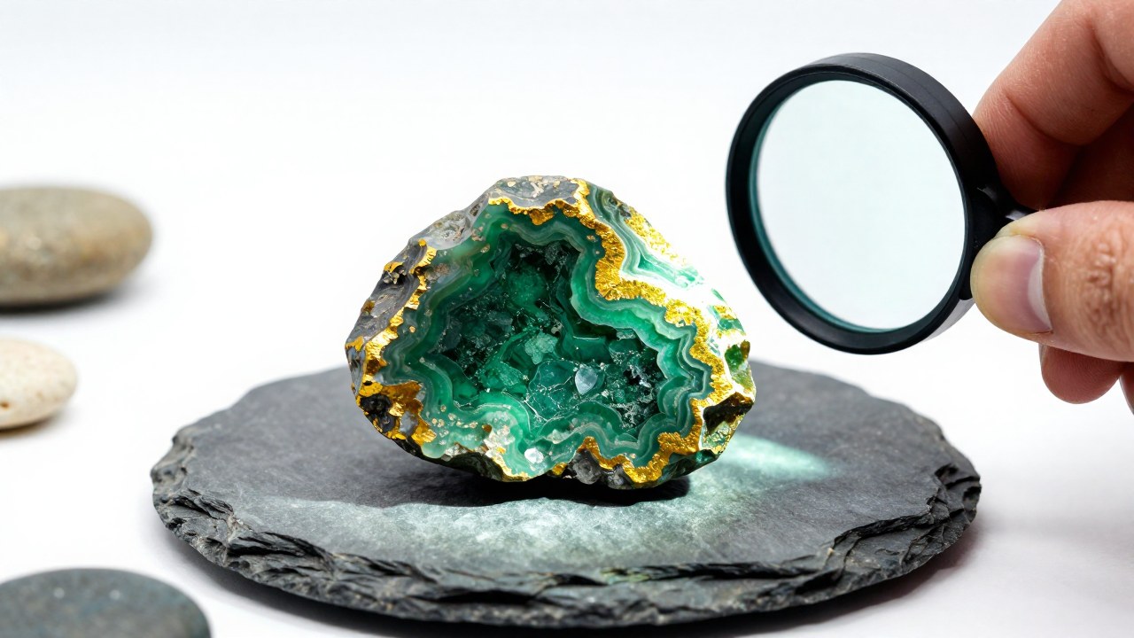 Manos con guante examinan un cristal Aventurina de tonos verde y dorado sobre una superficie de pizarra.